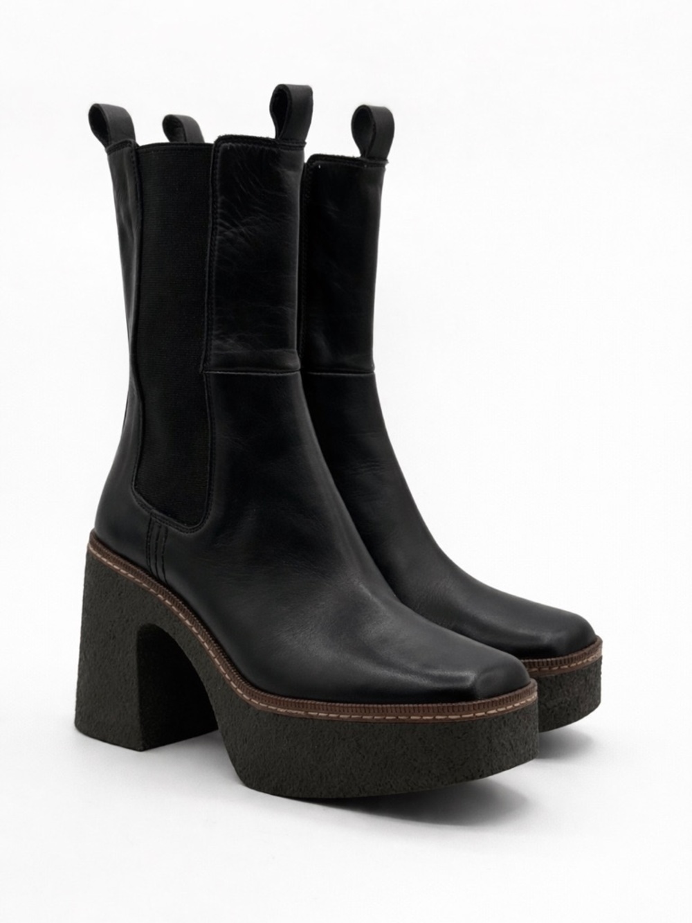 Pons Quintana Black Leather Platform Chelsea Chunky Block Heel, Modern Boots - Picture 3 of 16